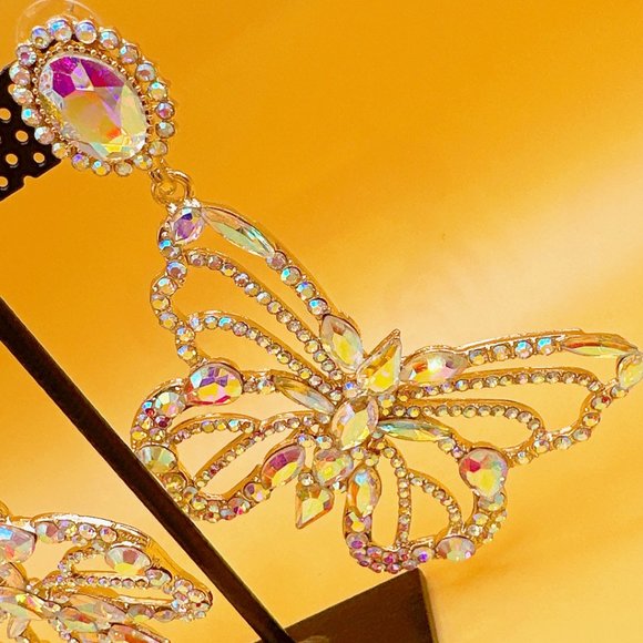 Aurora Borealis Rhinestone Large Butterfly Earring - Picture 8 of 11